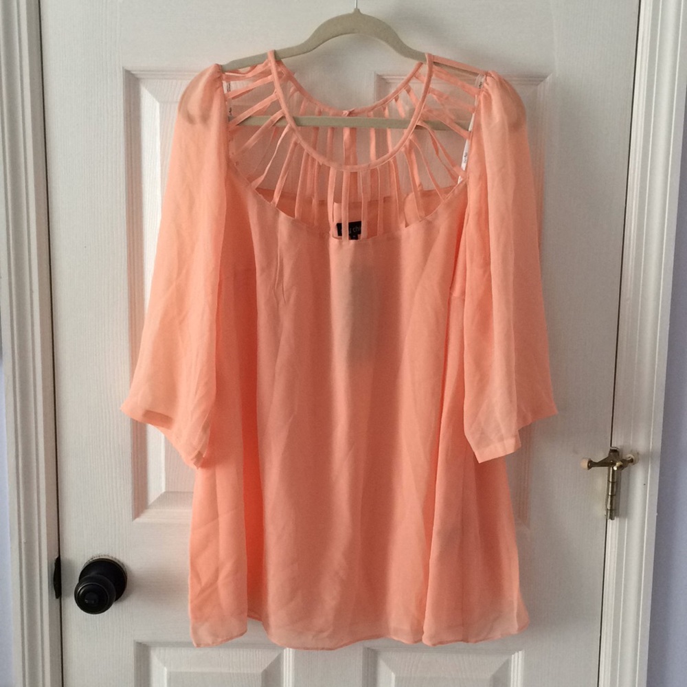 City Chic Sheer Lattice Neck Top Apricot NWT